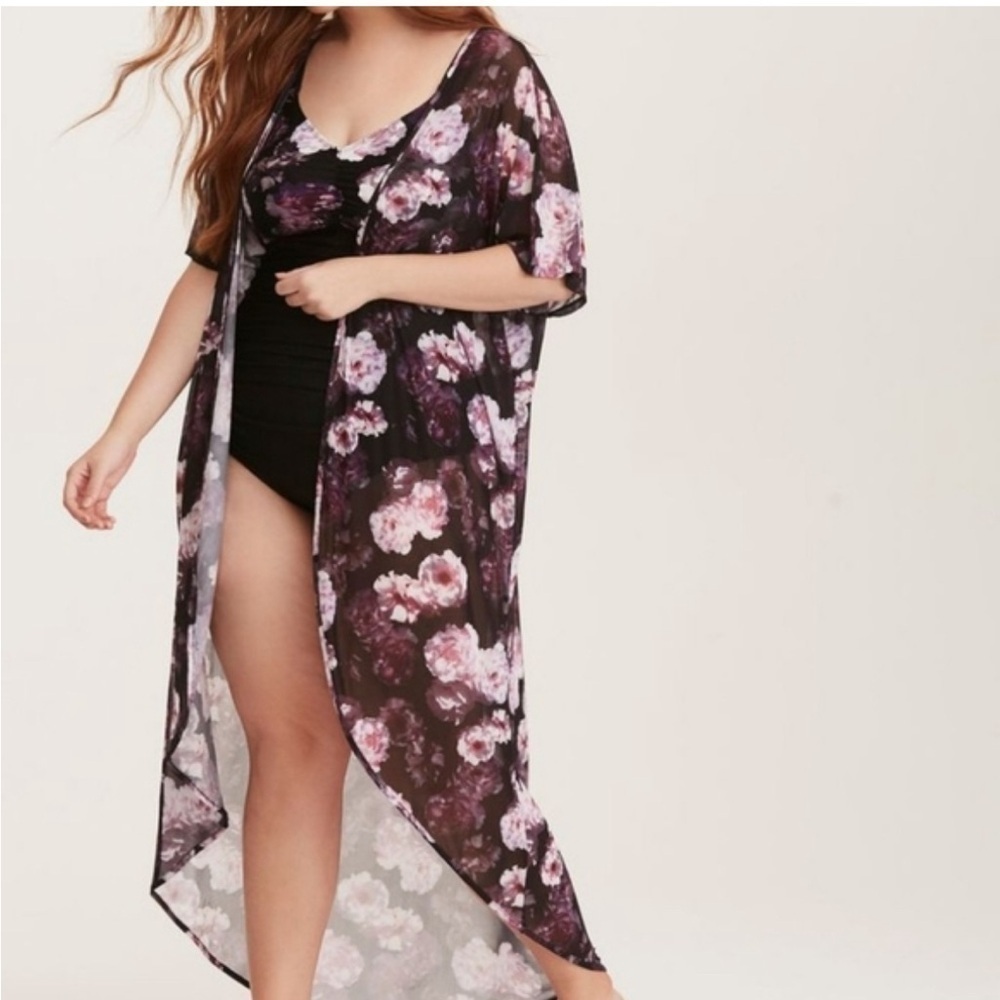 Torrid Black & Purple Floral Mesh Kimono Size 00/0 (M/L)